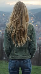 A woman with long blonde hair is wearing a green jacket and blue jeans. She is standing on a grassy hill, looking out at the city below. Concept of freedom and adventure