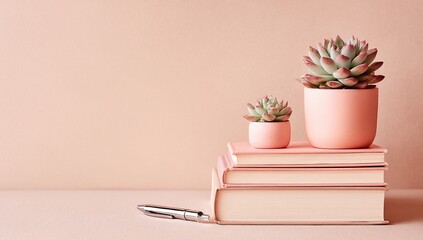 Two succulents in blush-toned pots sit atop a stack of blush-toned books, with a pen resting on a table beside them, against a pale pink background