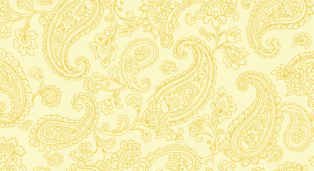 Yellow paisley motif pattern background, outlined detail