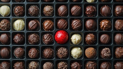 A box of assorted chocolates with a red one in the middle. The box is full of different types of chocolates, including white and brown ones