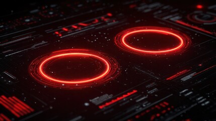 Red glowing rings & graphs on dark surface. Futuristic, high-tech display