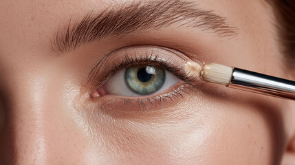 Naklejka premium Close up of eye with blue iris and makeup brush applying concealer under eye skin, showing natural texture and beauty