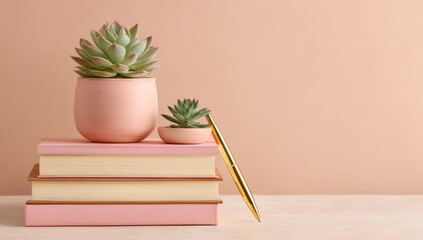 Two succulents in pink pots sit atop a stack of pink and cream books, with a gold pen beside them against a pale peach background