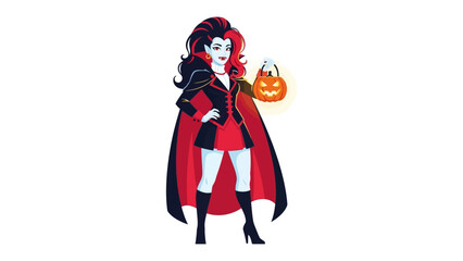 Spooky Character: An illustrational depiction of a woman, attired in an elaborate costume and a carved pumpkin, all set in a scene.
