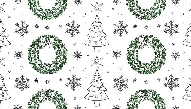 Christmas pattern with wreaths, trees, and snowflakes