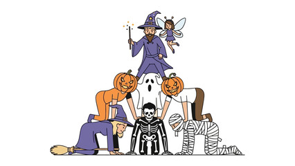 Halloween characters: A whimsical illustration depicts a playful pyramid of Halloween characters. The drawing captures the spirit of the season. 