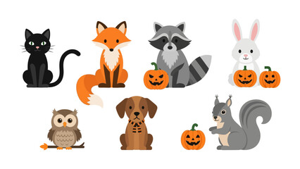 Fototapeta premium Halloween Creatures Delight: A delightful gathering of festive Halloween creatures, rendered in a charming illustrative style, bringing the spirit of the season.