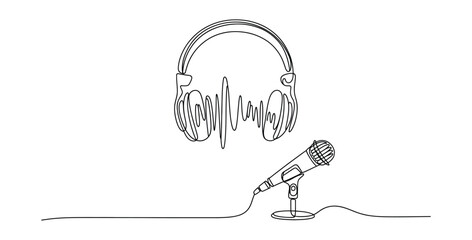 Podcast recording studio setup with microphone and headphones line art