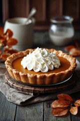 Pumpkin pie with whipped cream on rustic table in autumn setting. Pumpkin pie on a rustic wooden table, golden crust, whipped cream topping, cozy autumn dessert