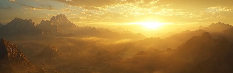 Obraz premium Golden sunrise over misty mountains, cinematic in style, with warm tones, low contrast