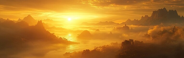 Golden sunrise over misty mountains, cinematic in style, with warm tones