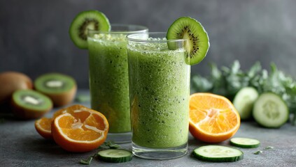 Two tall glasses of vibrant green smoothie, garnished with kiwi slices, sit amongst halved oranges, sliced cucumbers, and whole kiwis on a dark gray surface.  The smoothie appears thick and refreshing