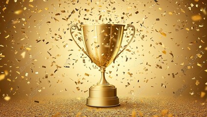 Golden trophy with confetti on a golden background. Winning and success concept