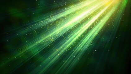 Green light rays and sparkling particles on a dark background, an abstract background with bokeh lights, green and yellow colors