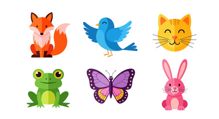 Fototapeta premium Adorable collection of cute cartoon animals including a fox, bird, cat, frog, butterfly, and rabbit.
