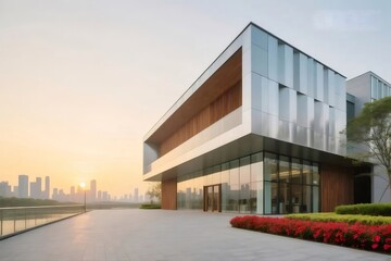 Obraz premium モダンな建築物 夕暮れの空を背景に都市景観