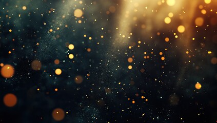 Green light rays and sparkling particles on a dark background, an abstract background with bokeh lights