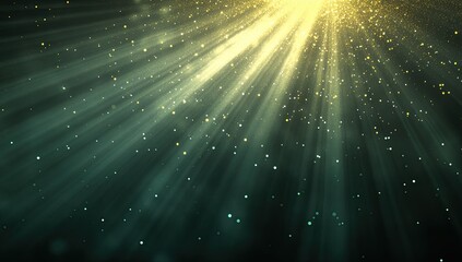 Green light rays and sparkling particles on a dark background, an abstract background