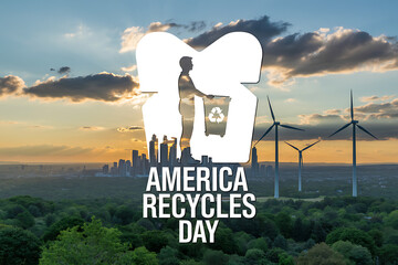 Inspiring view of America Recycles Day with silhouette of person recycling and wind turbines against a vibrant sunset cityscape backdrop symbolizing sustainability