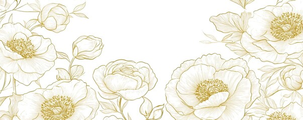 Hand-drawn floral line art pattern with peonies and poppies in gold on a white background