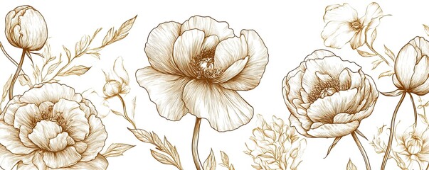 Hand-drawn floral line art pattern with peonies and poppies in gold on a white background