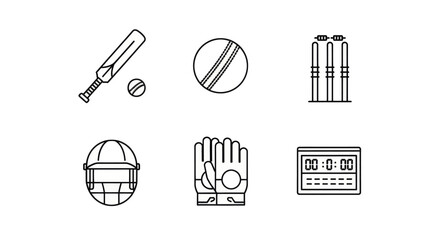 Collection of simple line art icons representing cricket equipment and a scoreboard