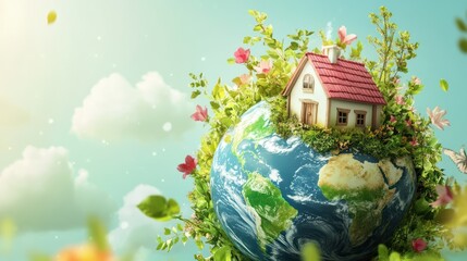Miniature house on earth globe with green vegetation against a blue sky