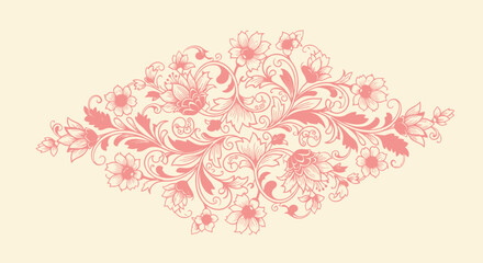Pink floral ornament with curling leaves, set on a cream backdrop, symmetrical