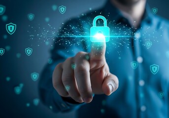 Man touching a glowing digital padlock icon representing cybersecurity and data protection