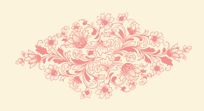 Pink floral ornament with curling leaves, set on a cream backdrop, symmetrical