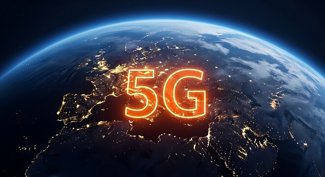 Global 5G network coverage highlighted over a detailed map of Europe at night.