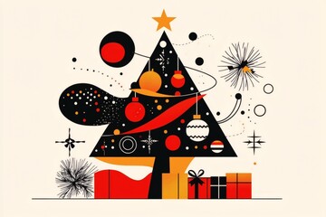 Festive Christmas tree with decorations and gift boxes, modern and unique abstract design
