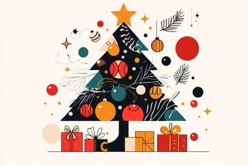 Festive illustration of a decorated Christmas tree with gifts beneath, creating a warm holiday scene. The star atop the tree shines brightly, and the ornaments and gifts add to the festive atmosphere