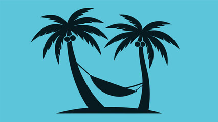 Silhouette of Palm Trees with Hammock on Light Blue Background for Relaxation