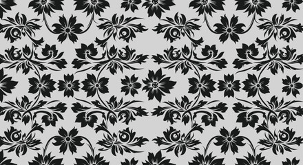 Dense floral pattern of black flowers and leafy flourishes against a light gray backdrop