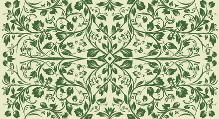 Symmetrical botanical pattern. Green vines, leaves and blossoms. Beige background. Ornamented design © AJI T
