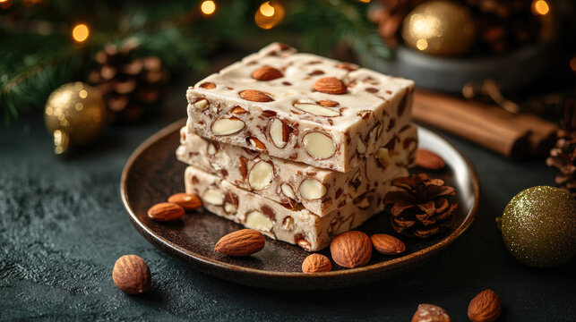 Traditional Spanish turr&oacute;n bars with almonds served on ceramic plate surrounded by holiday decorations, fir twigs, and golden ornaments in a festive sweet setup with copy space