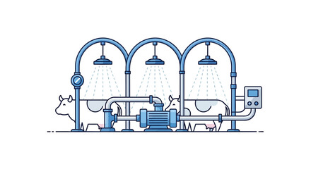 Automated animal hygiene system featuring bovine silhouettes undergoing cleaning