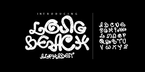 Long beach font. Groovy tiki tropical surf Font. Graffiti Font. Creative Hand Drawn Uppercase Street Art Classic Lettering Fashion Designs Typography modern serif vector illustration