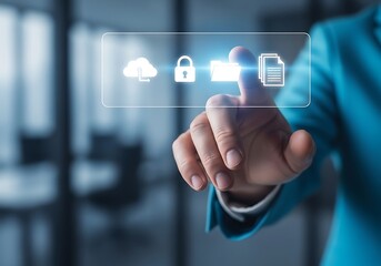 Person interacting with a futuristic digital interface displaying cloud storage and security icons
