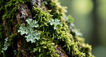 : Close-up of moss and lichen on tree bark