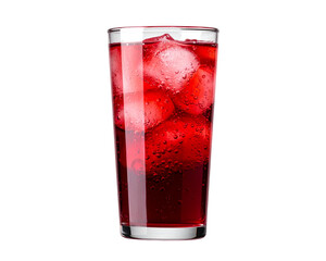 Tall clear glass of red sparkling drink with ice cubes and bubbles, isolated on transparent background for beverage design