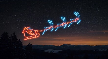 Santa’s sleigh outlined in neon light with glowing reindeer flying across a starry sky. Neon Santa sleigh and reindeer glowing in the night sky with stars