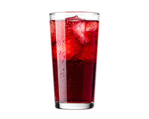 Tall clear glass of red sparkling drink with ice cubes and bubbles, isolated on transparent background for beverage design