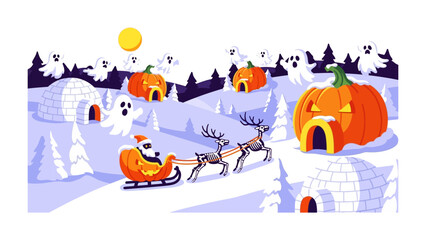 A Whimsical Holiday Scene: A fusion of Halloween and Christmas joy is depicted in a cheerful cartoon.