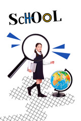 Vertical photo collage of happy schoolgirl zoom magnifier walk geography lesson globe carry macbook elearn isolated on painted background