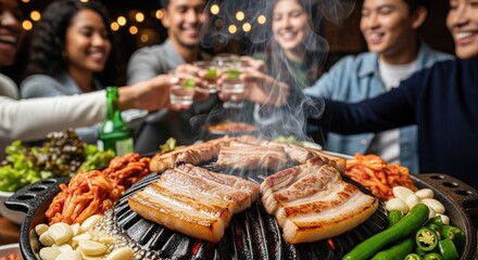 Friends toasting over a sizzling Korean barbecue grill with pork belly