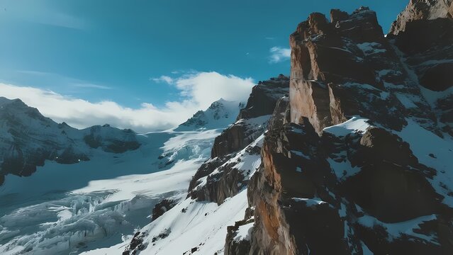 Snow-covered mountain peaks and glaciers under a clear blue sky
