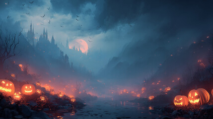 Spooky Halloween Background with Pumpkins and Full Moon