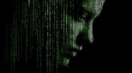 Profile silhouette of a woman with green binary code background representing technology and data